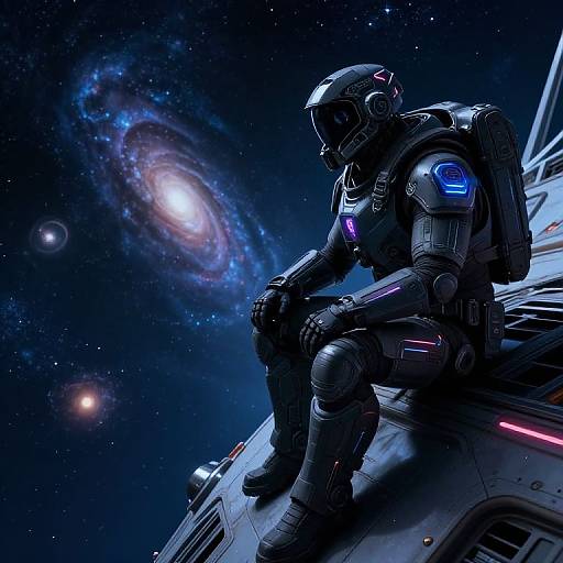 CGI image of a lone astronaut in a black, neon-lit spacesuit, sitting on a spaceship, gazing at a glowing spiral galaxy in