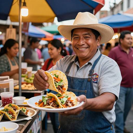 Photograph of a smiling Hispanic man in a white hat and denim overalls, serving tacos at a vibrant outdoor market stall.