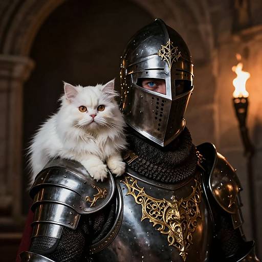 Photograph of a knight in black, ornate armor with a white, fluffy kitten perched on his shoulder, in a dimly lit, stone