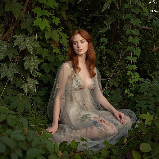 Photograph of a fair-skinned, red-haired woman with delicate features, wearing a sheer, floral-embellished dress, sitting amidst dense,