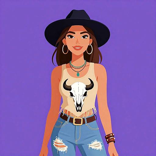 Digital illustration of a smiling woman with tan skin, wearing a black cowboy hat, white tank top with skull print, ripped jeans, hoop earrings, necklace