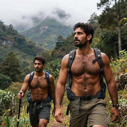 Photograph of two muscular, shirtless men with dark hair and beards, hiking through a lush, mountainous forest, wearing backpacks and shorts