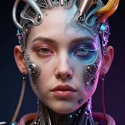 CGI cyberpunk portrait of a young woman with mechanical, glowing cybernetic enhancements on her face, featuring blue and orange lights, against a dark