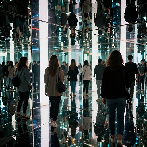 Photograph of a bustling indoor space with reflective black-tiled floor, showing silhouetted people walking, their reflections creating a dynamic, mirrored effect