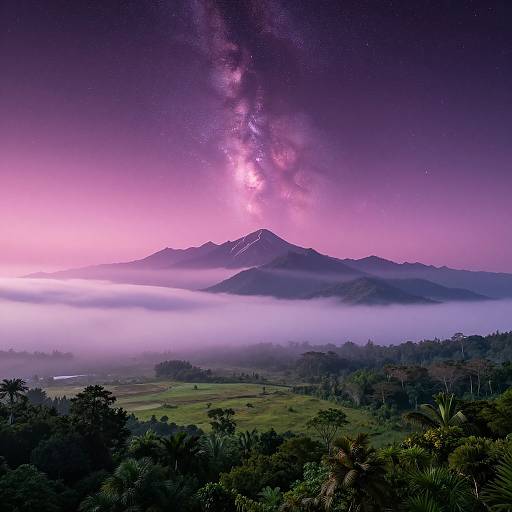 Photograph of a nighttime mountain landscape with a vibrant purple and pink Milky Way, mist-covered valley, and dense green forest.