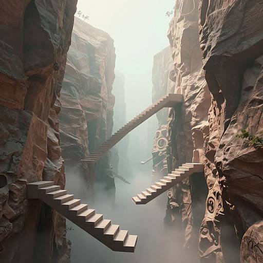 Photorealistic CGI of a misty canyon with two floating, angled stone staircases connecting towering, rugged, reddish-brown rock formations.