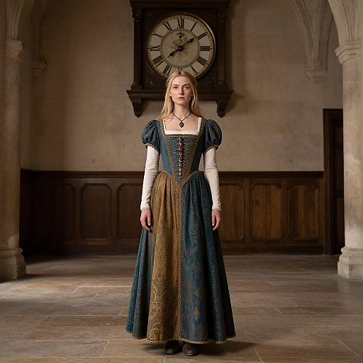 Photograph of a blonde woman in a medieval-style, blue and gold dress with puffed sleeves, standing in a dimly lit, stone-walled