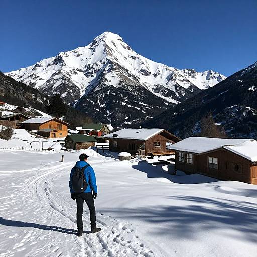 Photograph of a person in a blue jacket and black pants standing in snow-covered landscape, facing snow-capped mountains and wooden cabins. Bright blue sky