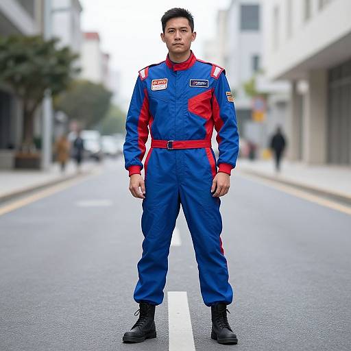 Photograph of an Asian man standing on a city street in a blue and red racing suit, black boots, with a serious expression, blurred urban background