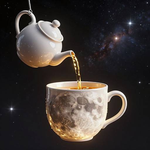 Photorealistic CGI of a white teapot pouring golden tea into a moon-patterned cup against a starry, cosmic background.