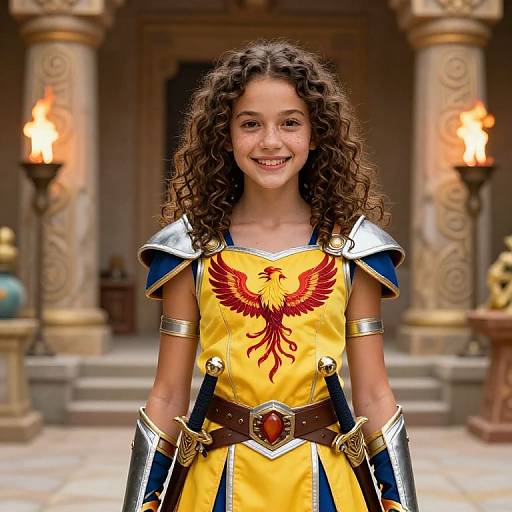 Photograph of a smiling young girl with curly brown hair, wearing a yellow fantasy dress with a red phoenix emblem, silver armor, and brown belt,
