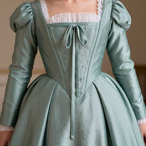 Photograph of a person wearing a vintage-style, light blue, textured, long-sleeve dress with puffed sleeves, lace trim, and ribbon