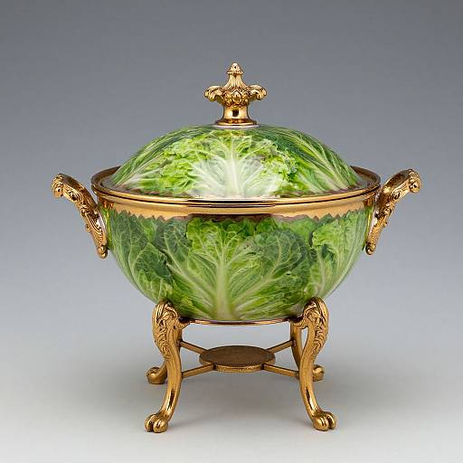 Ornate, gold-finished, green-leaf-patterned ceramic casserole dish with two lion head handles and a crown lid, standing on