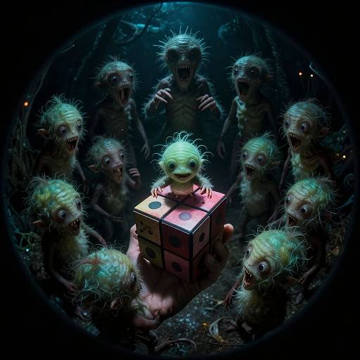 CGI horror image: Small, spiky, green, cube-dwelling creature surrounded by snarling, dark, feral creatures in a