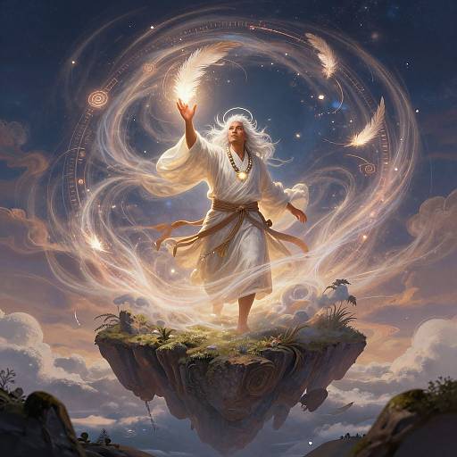 Digital fantasy artwork: a radiant, white-robed, long-haired male figure with glowing hand, surrounded by swirling lights, floating on a cloud island,