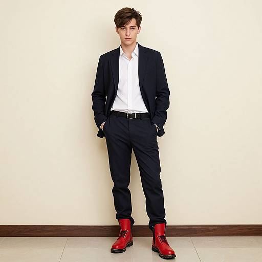 Photograph of a young man with short brown hair, wearing a black suit, white shirt, and bright red boots, standing against a plain white wall