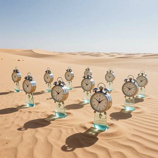 Photograph of ten vintage analog alarm clocks with silver bells, standing in a row on blue glass bases in a sunlit, sandy desert under a clear