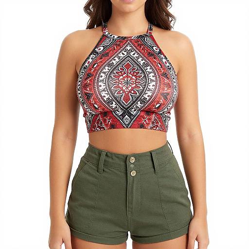 Photograph of a woman with medium tan skin, dark wavy hair, wearing a red and white patterned halter top and olive green high-w