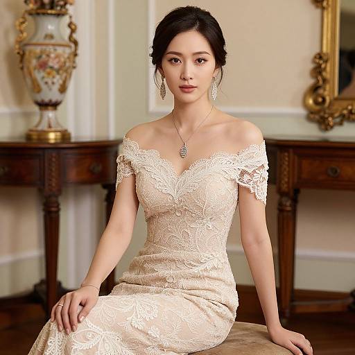 Photograph of an elegant Asian woman with black hair in an off-shoulder, lace, ivory wedding dress, seated in an ornate room with