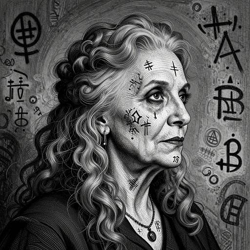 Black-and-white digital drawing of a wavy-haired, scarred, middle-aged woman with a serious expression, surrounded by cryptic symbols and currency signs