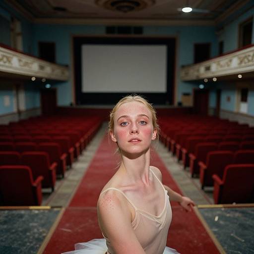 Photograph of a pale, freckled young woman with blonde hair in a white, sheer ballet top, standing in an empty, red-carpet