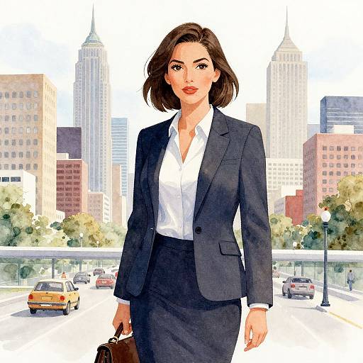 Watercolor Career Woman in Cityscape
