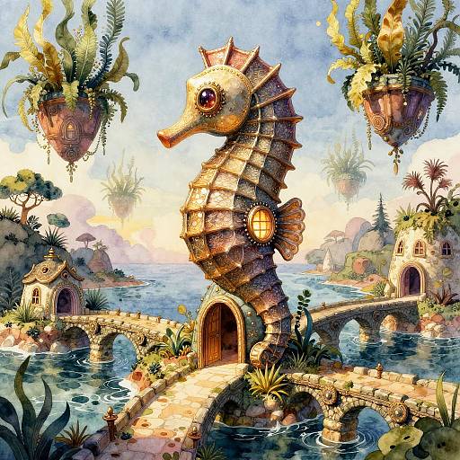 Whimsical digital painting of a seahorse house with glowing windows, floating plant pots, and a small bridge over a serene waterway.