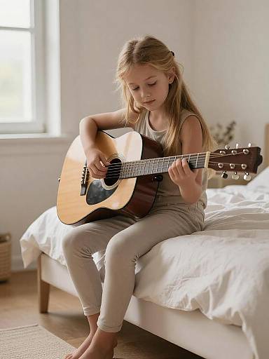 Young Girl Practicing Guitar by Window