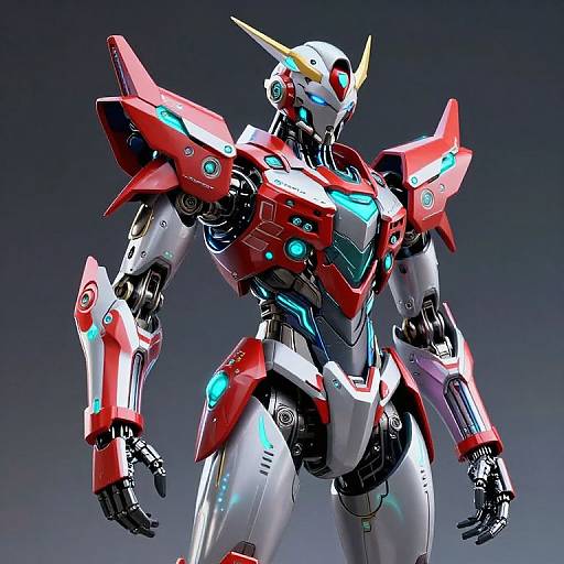 CGI image of a futuristic, red and white, robotic humanoid with blue and cyan lights, yellow horn, and armored shoulders against a dark gradient background