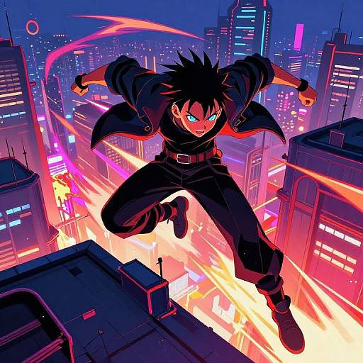 Digital anime artwork of a black-haired, green-eyed, fierce young man in black martial arts outfit, mid-leap, above a neon-lit,