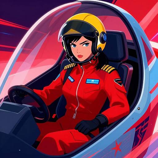 Digital anime-style artwork of a determined female pilot in a red flight suit, yellow helmet, and black gloves, flying a jet. Background features vibrant red