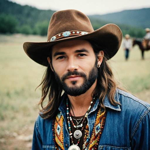 Bearded Man in Cowboy Hat and Hippie Clothing