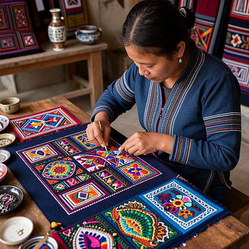 A woman with dark hair in a blue embroidered blouse, meticulously stitching vibrant, geometric patterns on fabric in a traditional workshop.