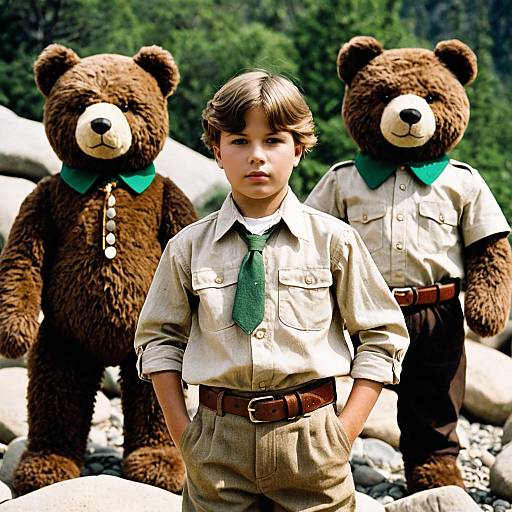 Boy with Two Large Teddy Bears Outdoors