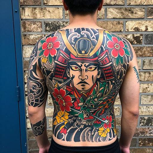 Photograph of a tattooed Asian man with black hair, facing a brick wall. Intricate colorful tattoos cover his back, featuring a samurai face