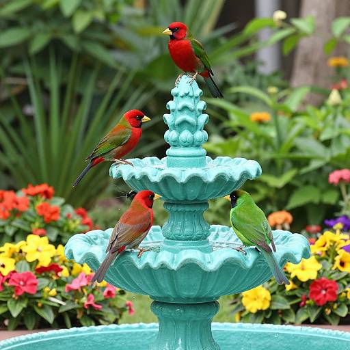 Photograph of four vibrant red and green cardinals perched on a turquoise, ornate, three-tiered garden fountain surrounded by colorful, blooming