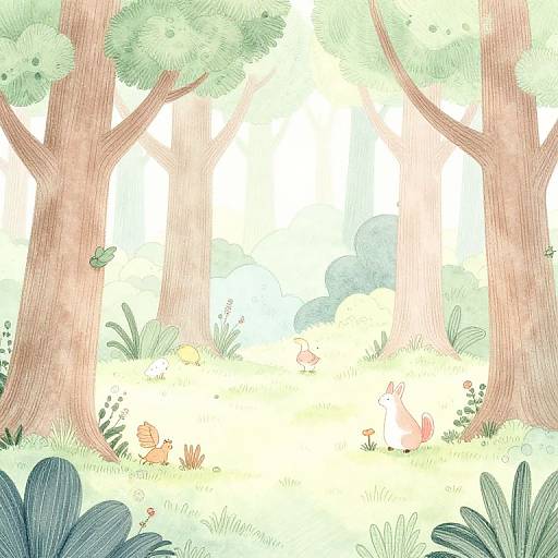 Whimsical forest illustration with large trees, green foliage, and small colorful animals like rabbits and squirrels in a bright, sunlit clearing.