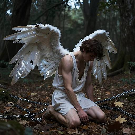 Photograph of a sad, white-winged angel in a white toga, kneeling on forest floor, chained, with dark, blurred forest background.