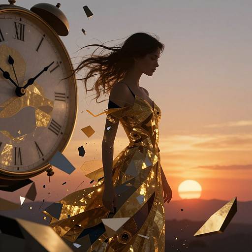 Silhouetted woman in gold, reflective dress against sunset, surrounded by flying clock pieces and shards, clock on left. Photographic art.