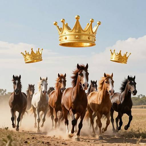 Photograph of galloping horses with varied brown, black, and white coats, creating a dust trail, with three floating golden crowns above them