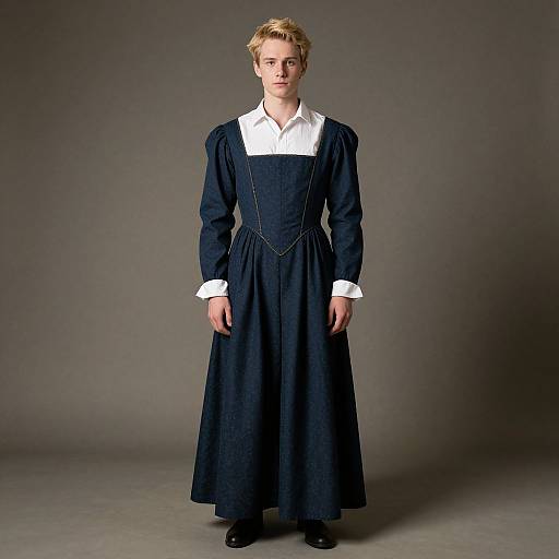 Photograph of a blonde woman with short hair, wearing a white blouse and long, dark navy blue Victorian-style dress with puffed sleeves, standing against