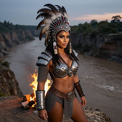 Photograph of a fierce, dark-skinned woman in metallic warrior attire with feathered headdress, standing by a river at sunset, with a fire