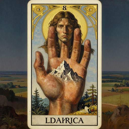 Digital artwork of Tarot card featuring a long-haired, serene male figure with a sun halo, hand displaying mountain peaks, labeled 