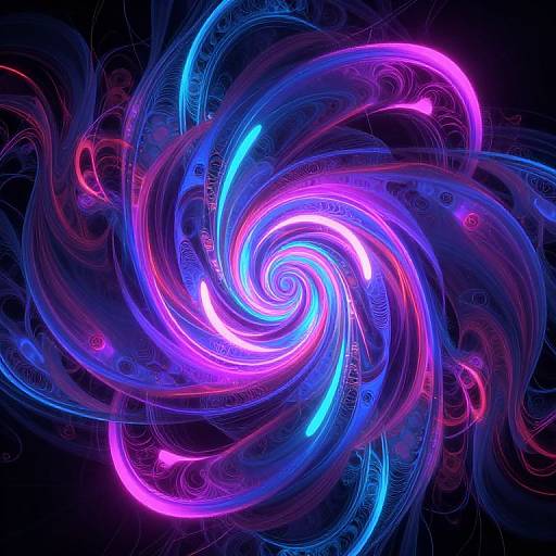 Neon digital art of swirling, vibrant purple, blue, and pink abstract patterns against a black background, creating a dynamic, hypnotic spiral effect.