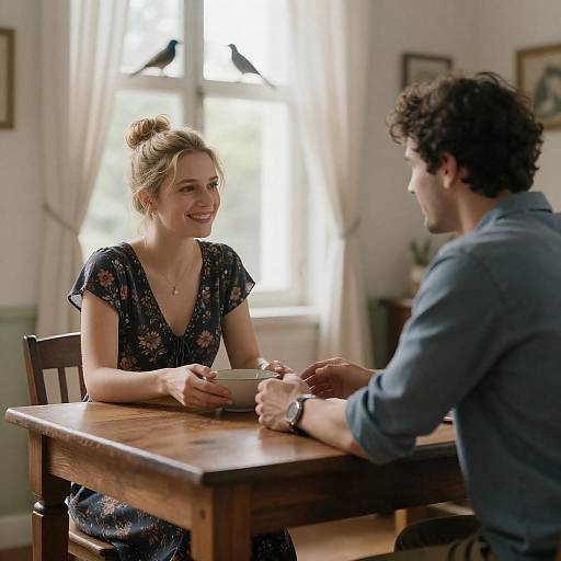 Sunlit Table: Smiling Couple Sharing Moment