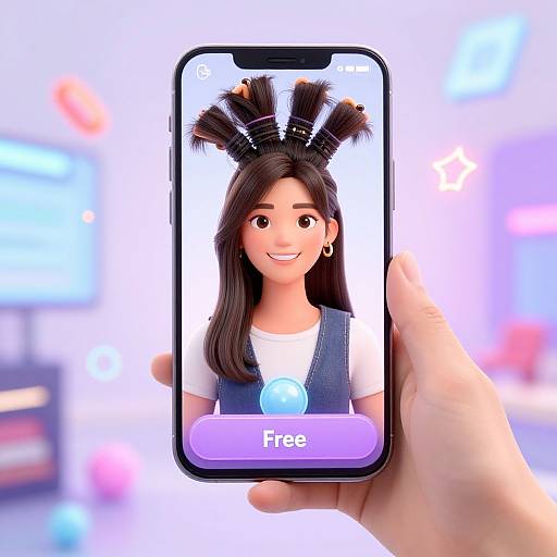 Photograph of a hand holding a smartphone with a cartoon-style, smiling Asian woman with black hair in pigtails, wearing a white shirt and blue