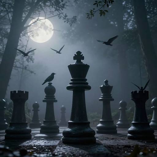 Photograph of a foggy forest chessboard at night, with glowing moonlight, silhouetted chess pieces, and birds perched on pieces