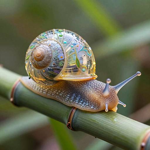Hyperdetailed Transparent Snail on Bamboo