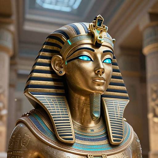 Photorealistic digital image of an ancient Egyptian statue with glowing blue eyes, striped headdress, and gold accents, set in a temple.