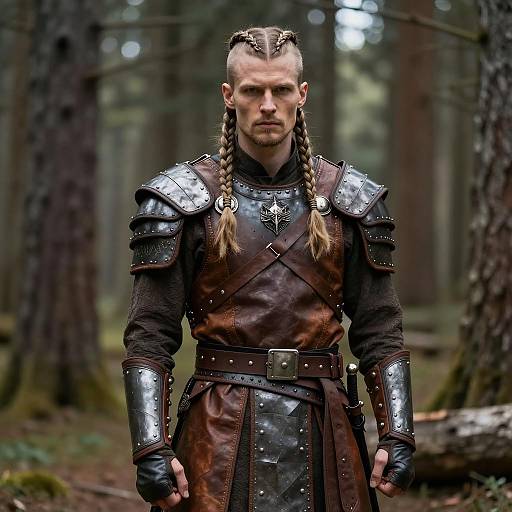 Male Model in Viking-Style Leather Armor in Forest